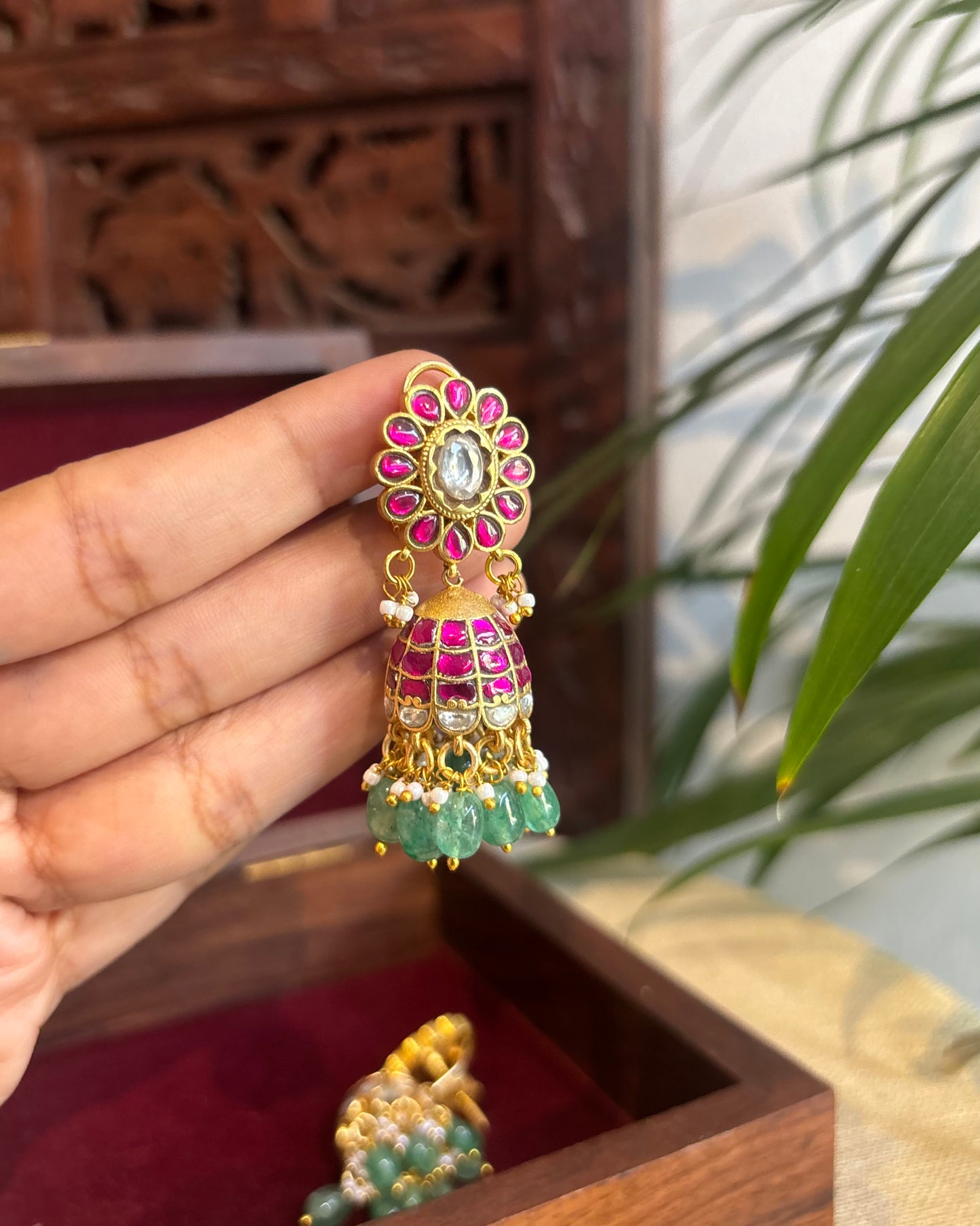 Multicolor Floral Jadau Kundan Jhumkas with Pearl Hangings | ER241