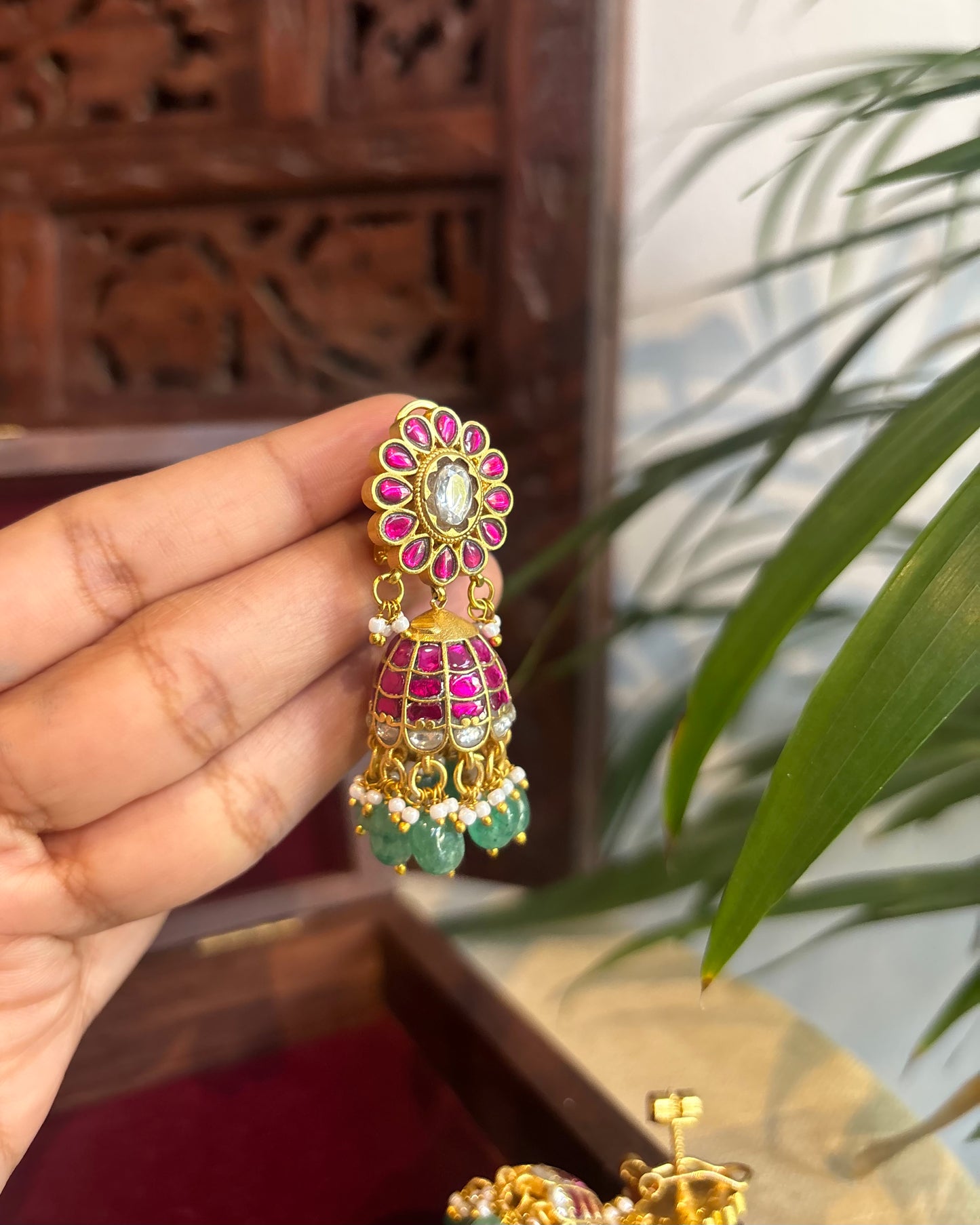 Multicolor Floral Jadau Kundan Jhumkas with Pearl Hangings | ER241
