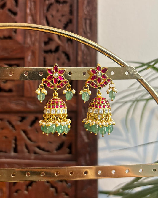 Floral Jadau Kundan Jhumkas with Pearl Hangings | ER243