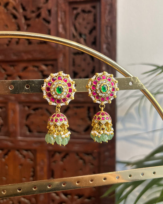 Multicolor Floral Jadau Kundan Jhumkas with Pearl Hangings | ER244