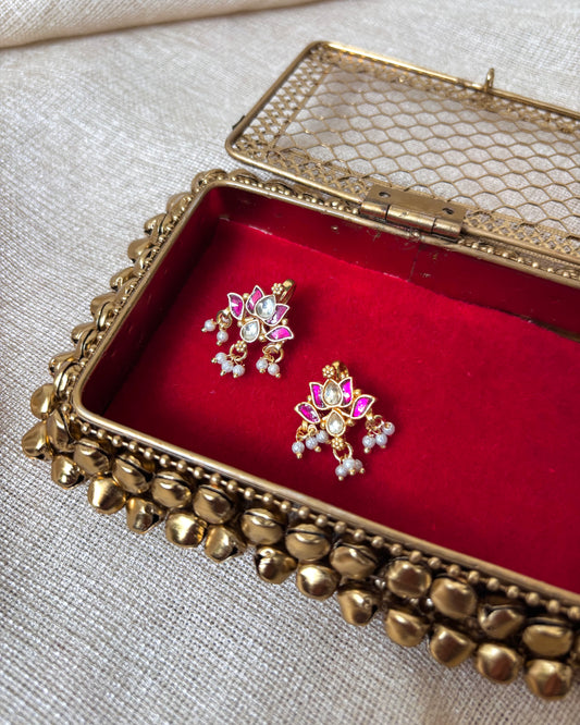 Pink and White Multicolor Lotus Bugadi – Jadau Kundan Ear Accessory | ER028