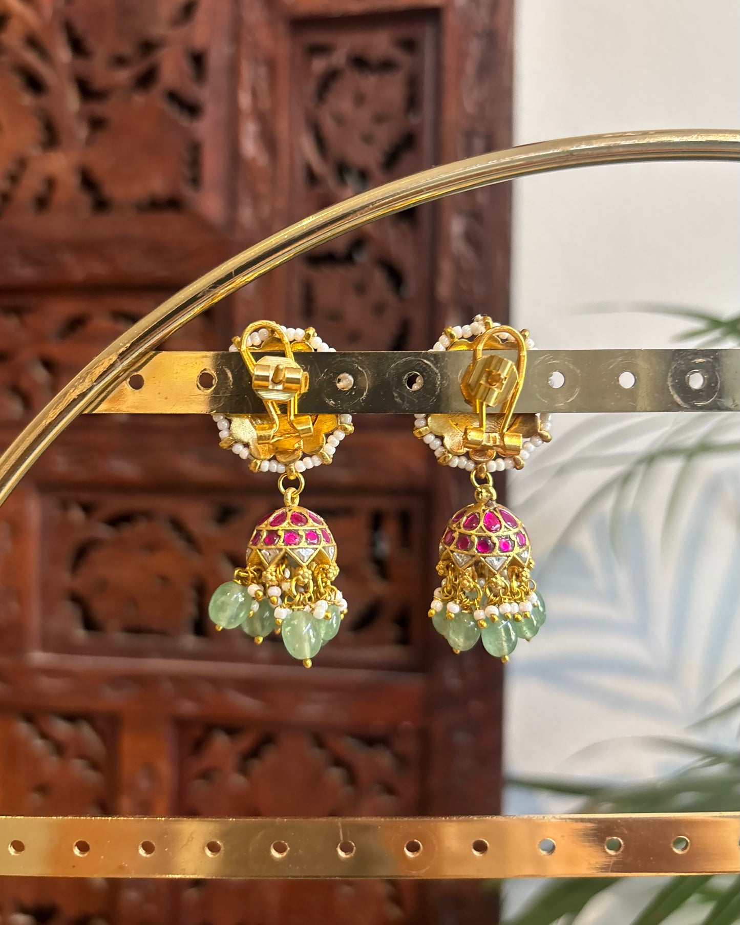 Multicolor Floral Jadau Kundan Jhumkas with Pearl Hangings | ER244