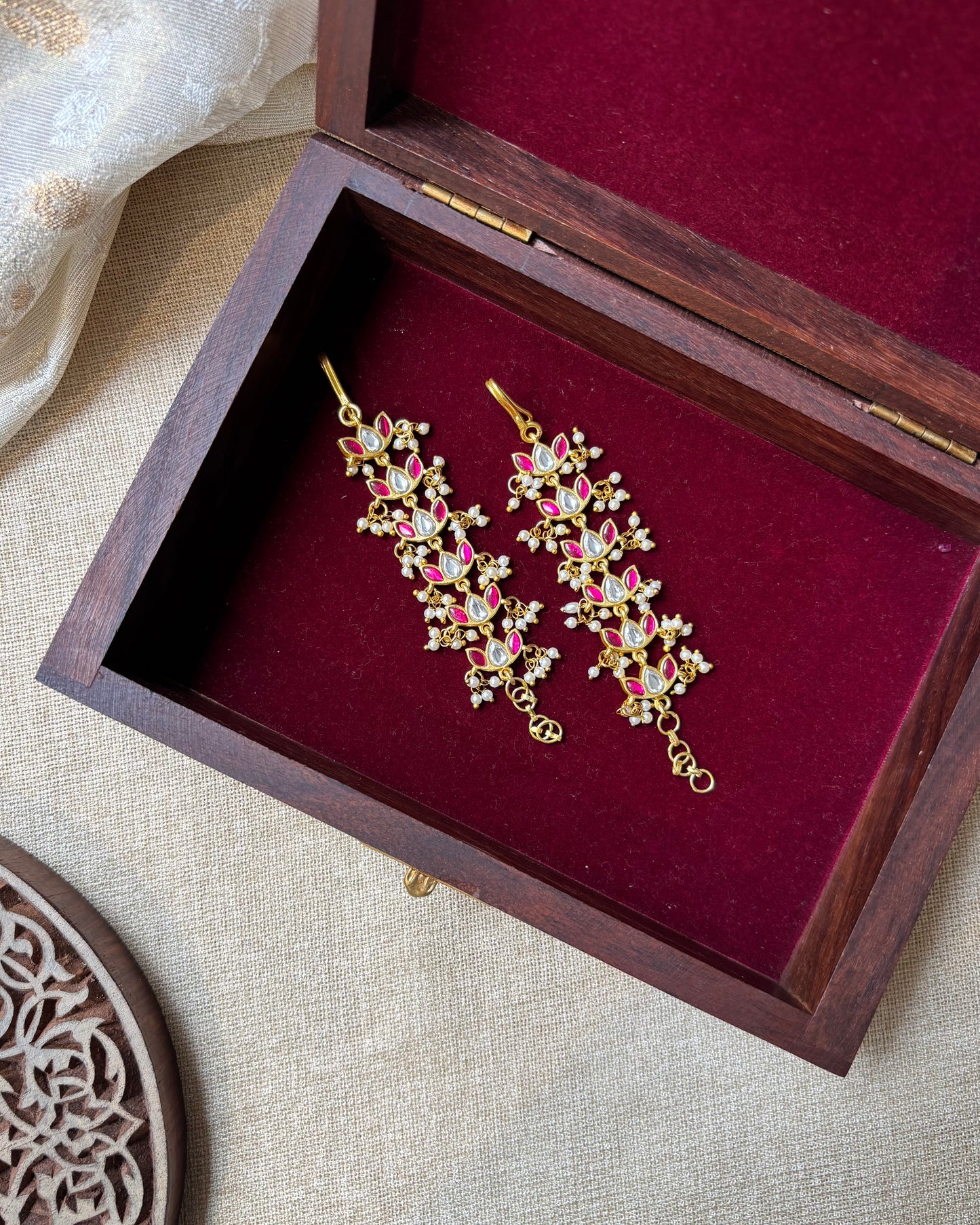 Lotus Floral Jadau Kundan Straight Ear Chain – Ruby & White | EC101