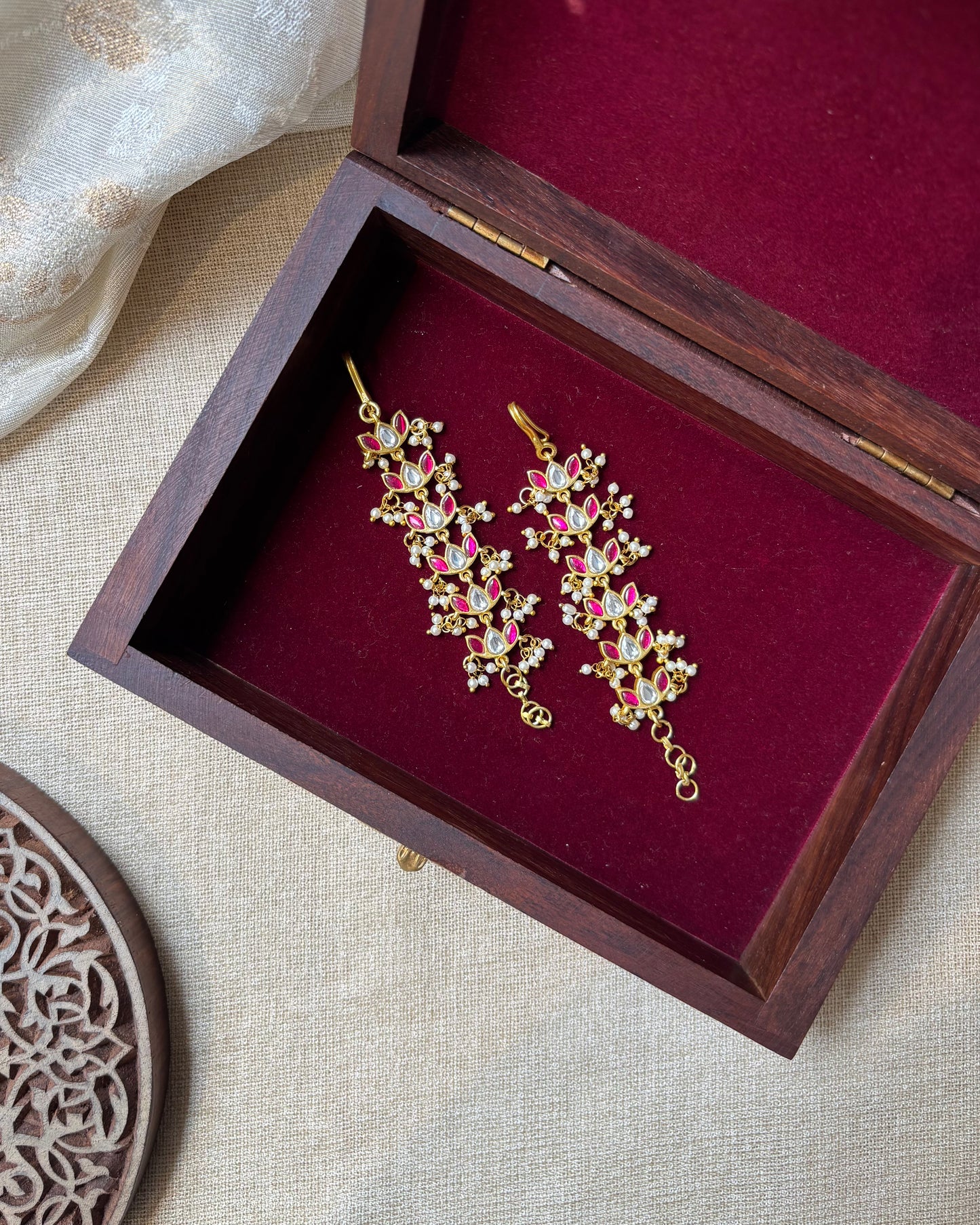 Lotus Floral Jadau Kundan Straight Ear Chain – Ruby & White | EC101