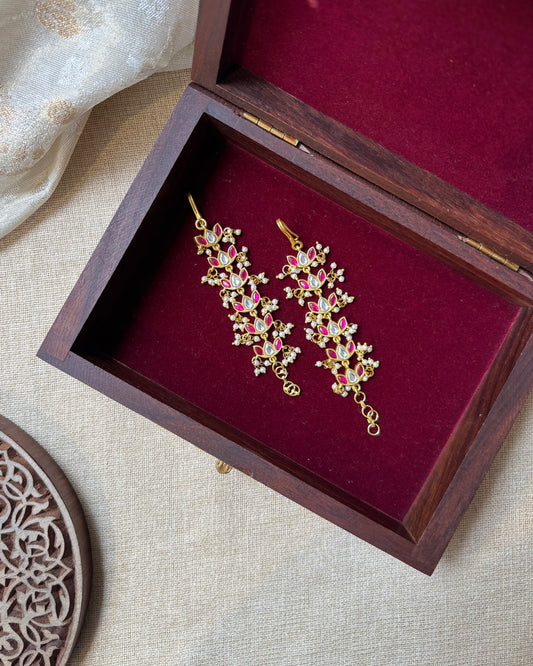 Lotus Floral Jadau Kundan Straight Ear Chain – Ruby & White | EC101