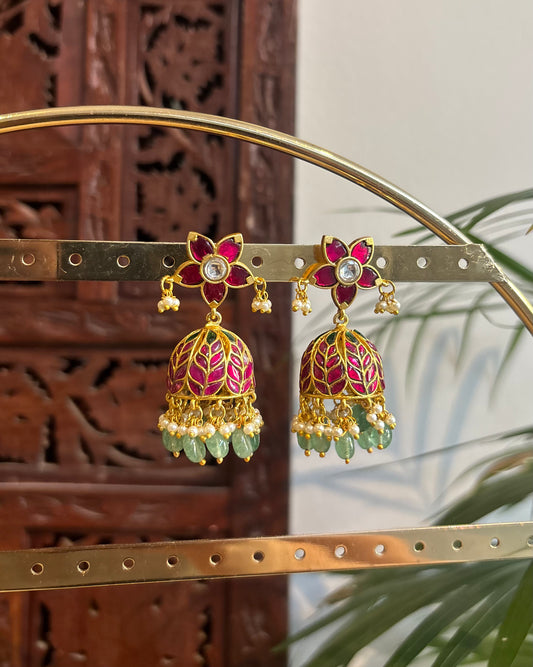 Floral Jadau Kundan Jhumkas with Pearl Hangings | ER245