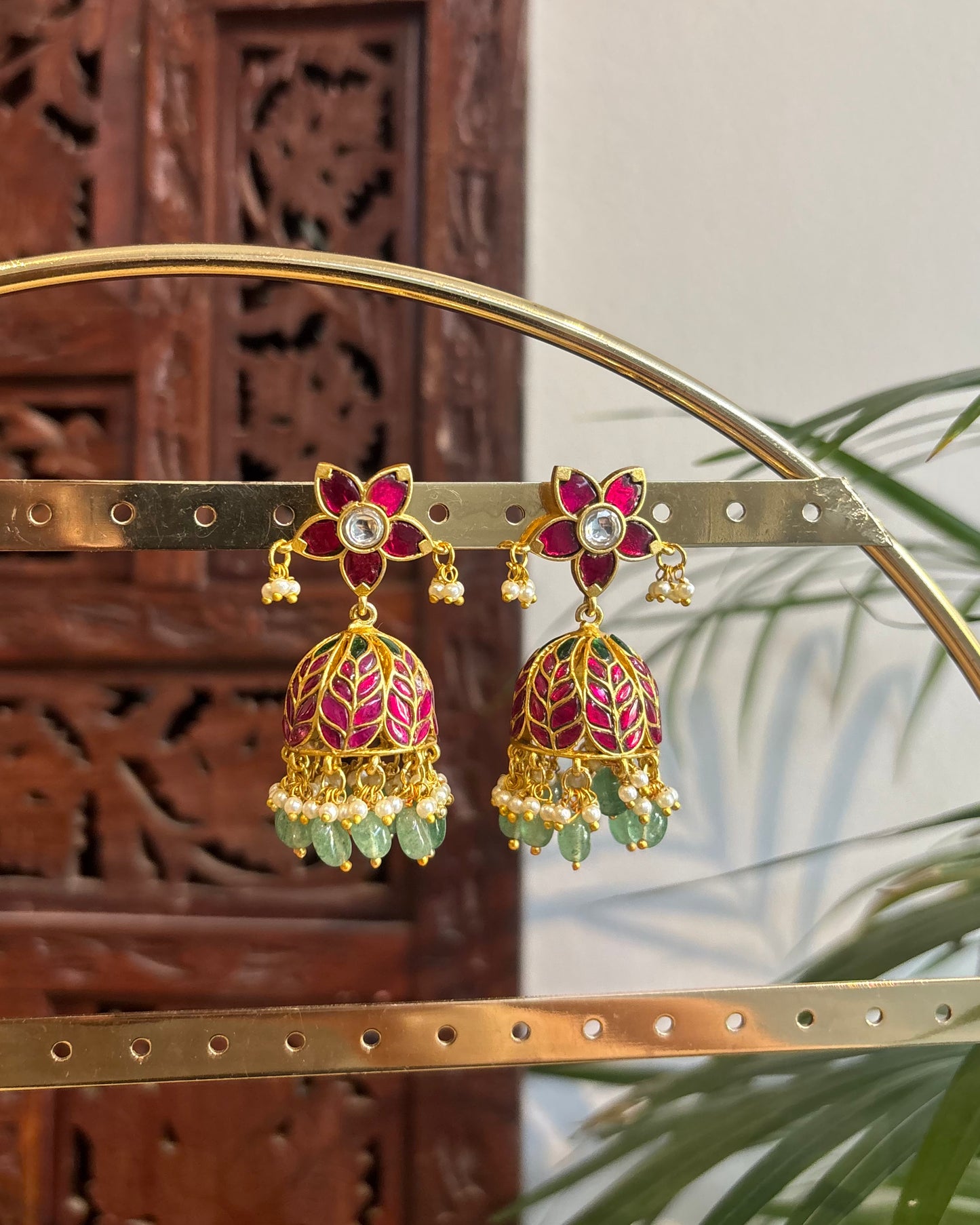 Floral Jadau Kundan Jhumkas with Pearl Hangings | ER245
