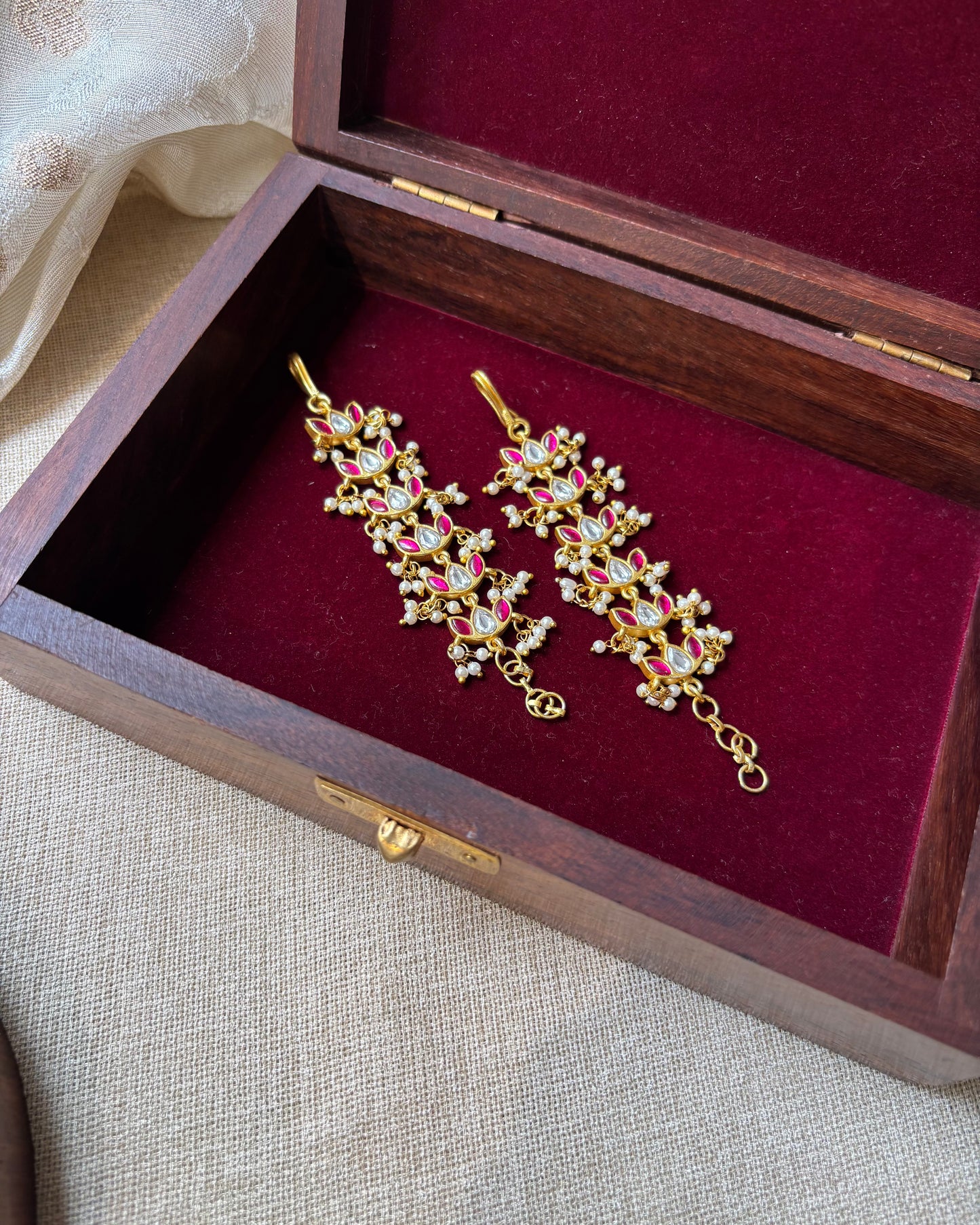 Lotus Floral Jadau Kundan Straight Ear Chain – Ruby & White | EC101