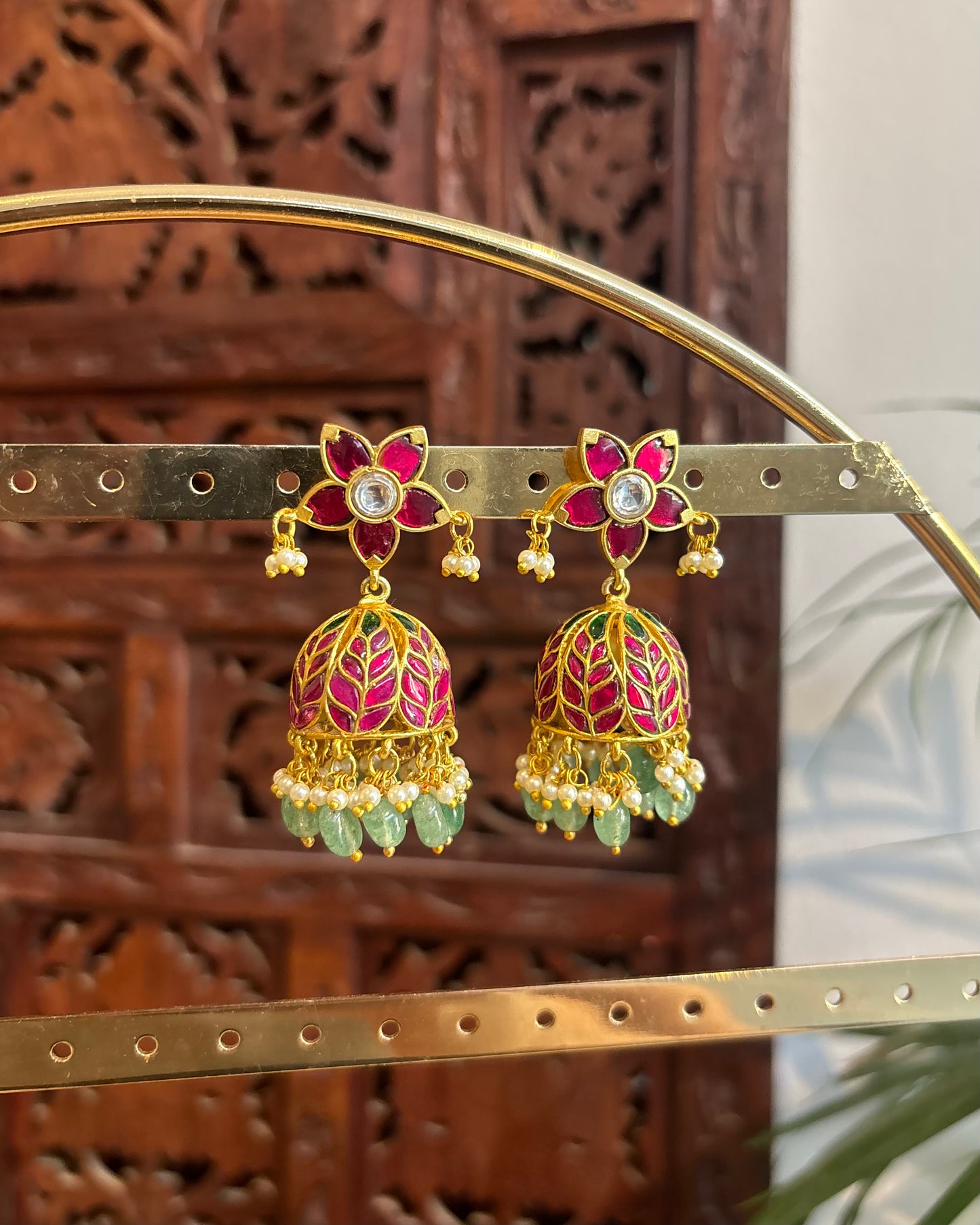 Floral Jadau Kundan Jhumkas with Pearl Hangings | ER245