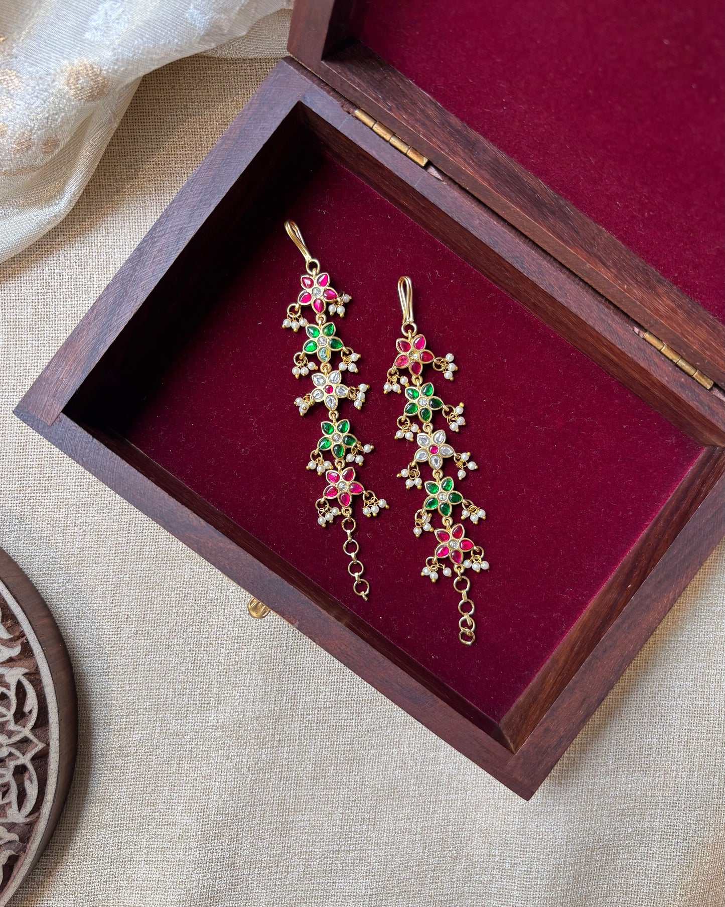 Floral Jadau Kundan Straight Ear Chain –  Multicolor | EC102