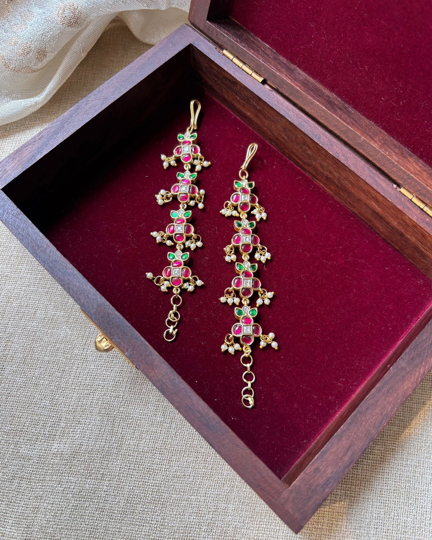 Floral Jadau Kundan Straight Ear Chain –  Multicolor | EC103