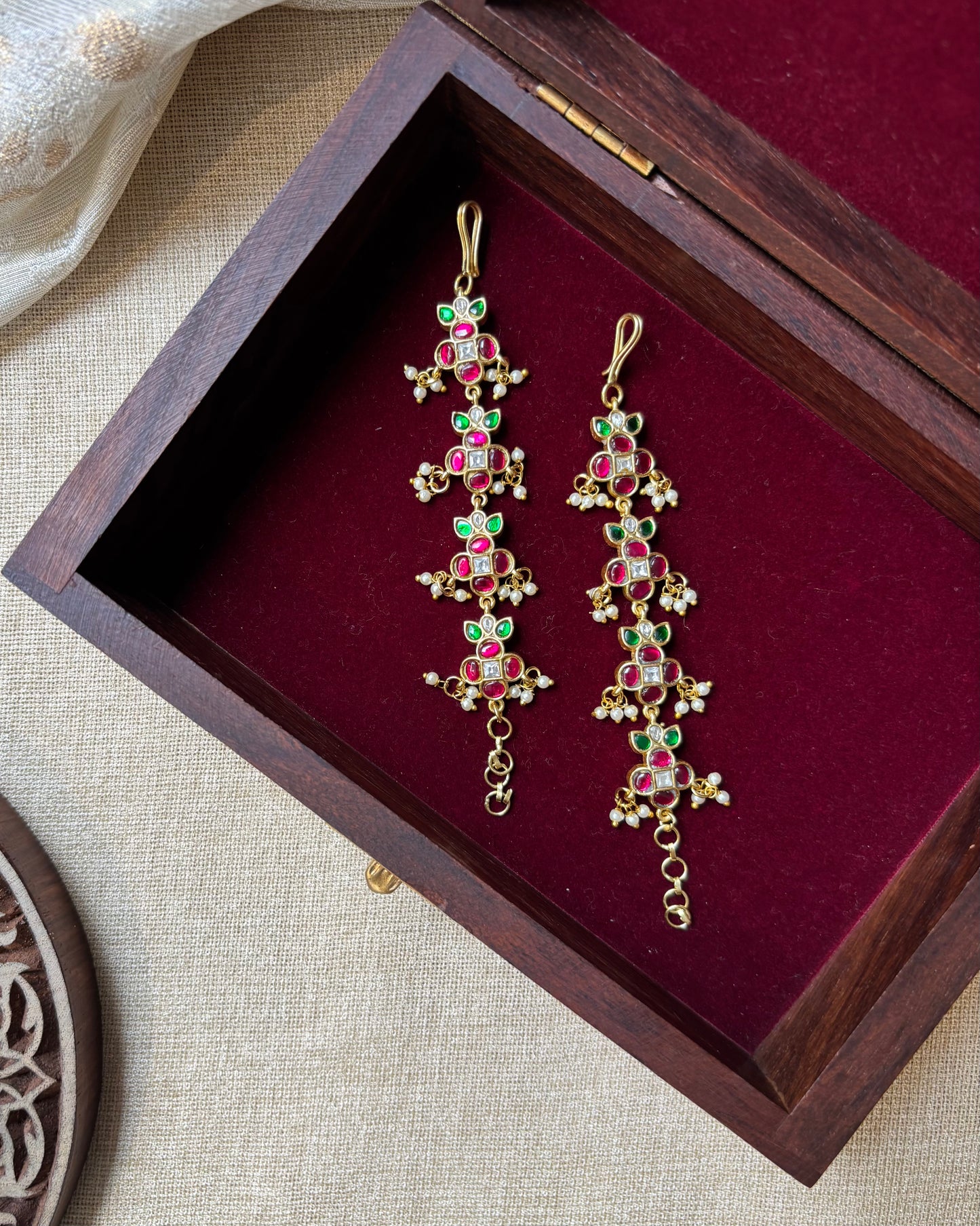 Floral Jadau Kundan Straight Ear Chain –  Multicolor | EC103