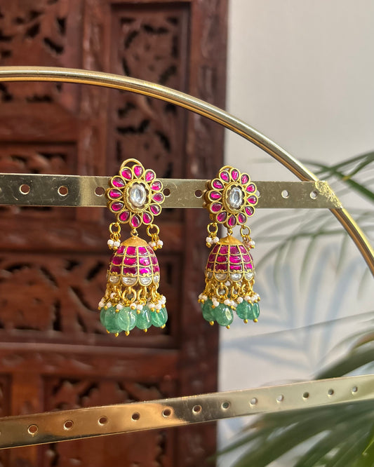 Multicolor Floral Jadau Kundan Jhumkas with Pearl Hangings | ER241