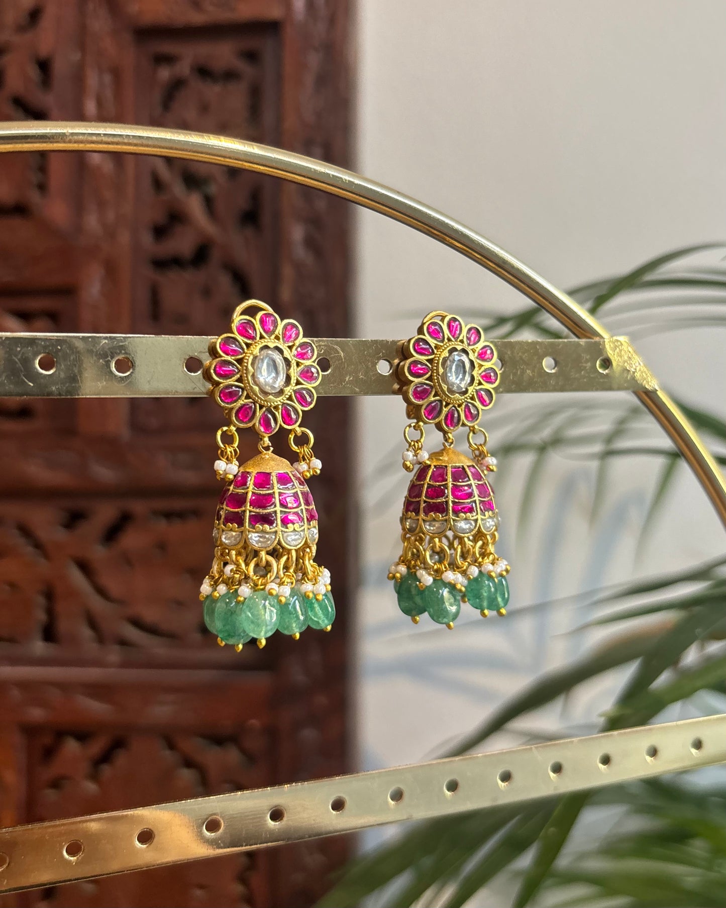 Multicolor Floral Jadau Kundan Jhumkas with Pearl Hangings | ER241