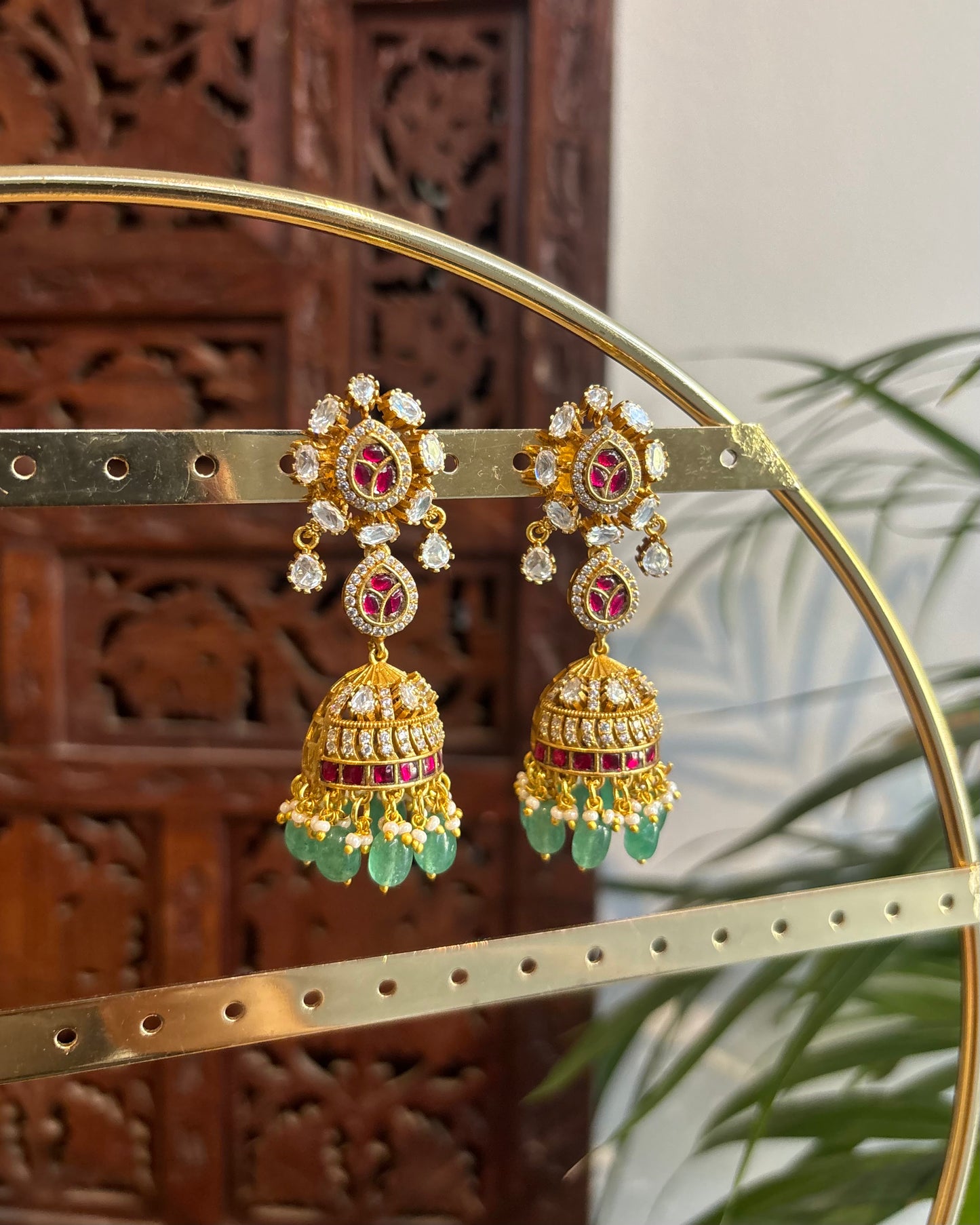 Ruby & White Moissanite Floral Long Statement Jhumkas | ER246