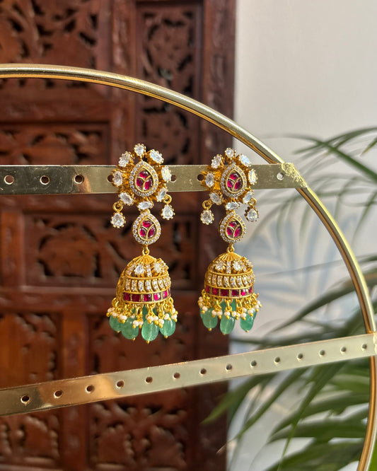 Ruby & White Moissanite Floral Long Statement Jhumkas | ER246
