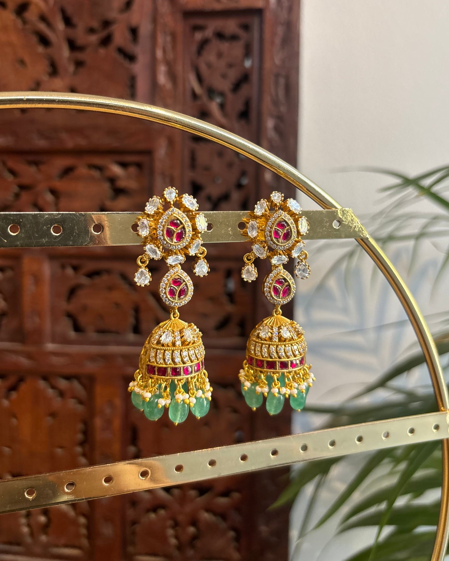 Ruby & White Moissanite Floral Long Statement Jhumkas | ER246