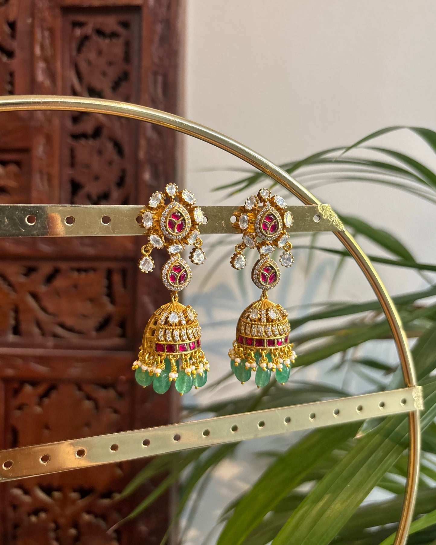 Ruby & White Moissanite Floral Long Statement Jhumkas | ER246