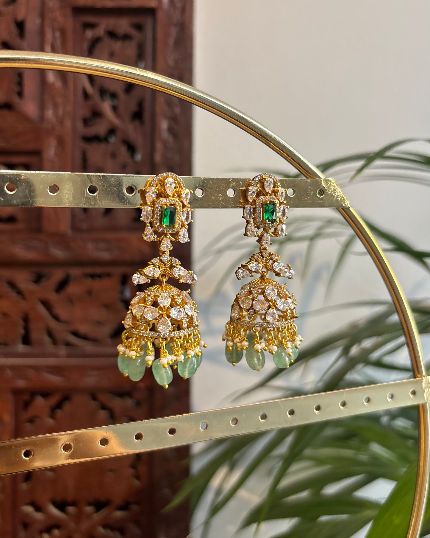 Green & White Moissanite Floral Long Statement Jhumkas | ER247