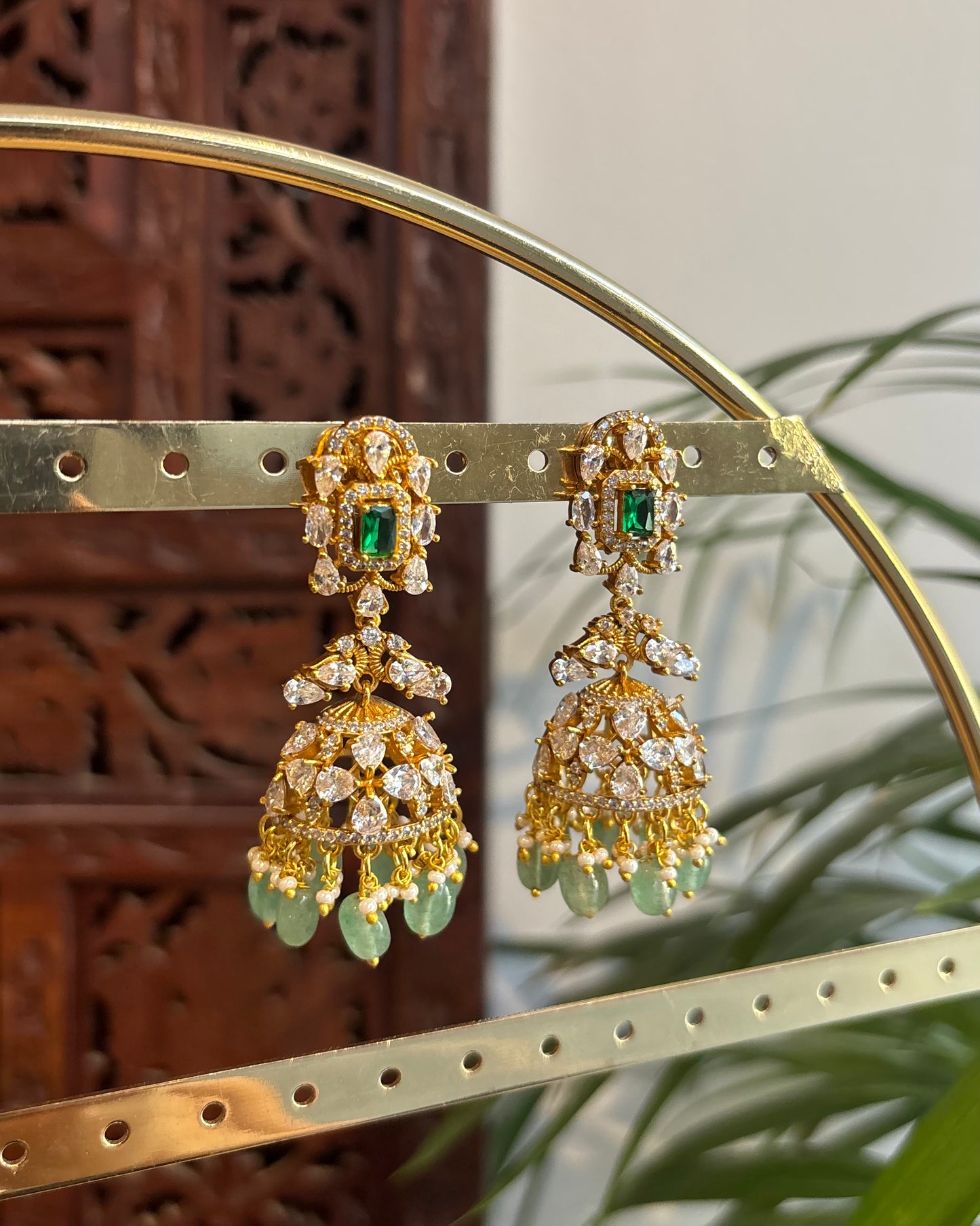 Green & White Moissanite Floral Long Statement Jhumkas | ER247