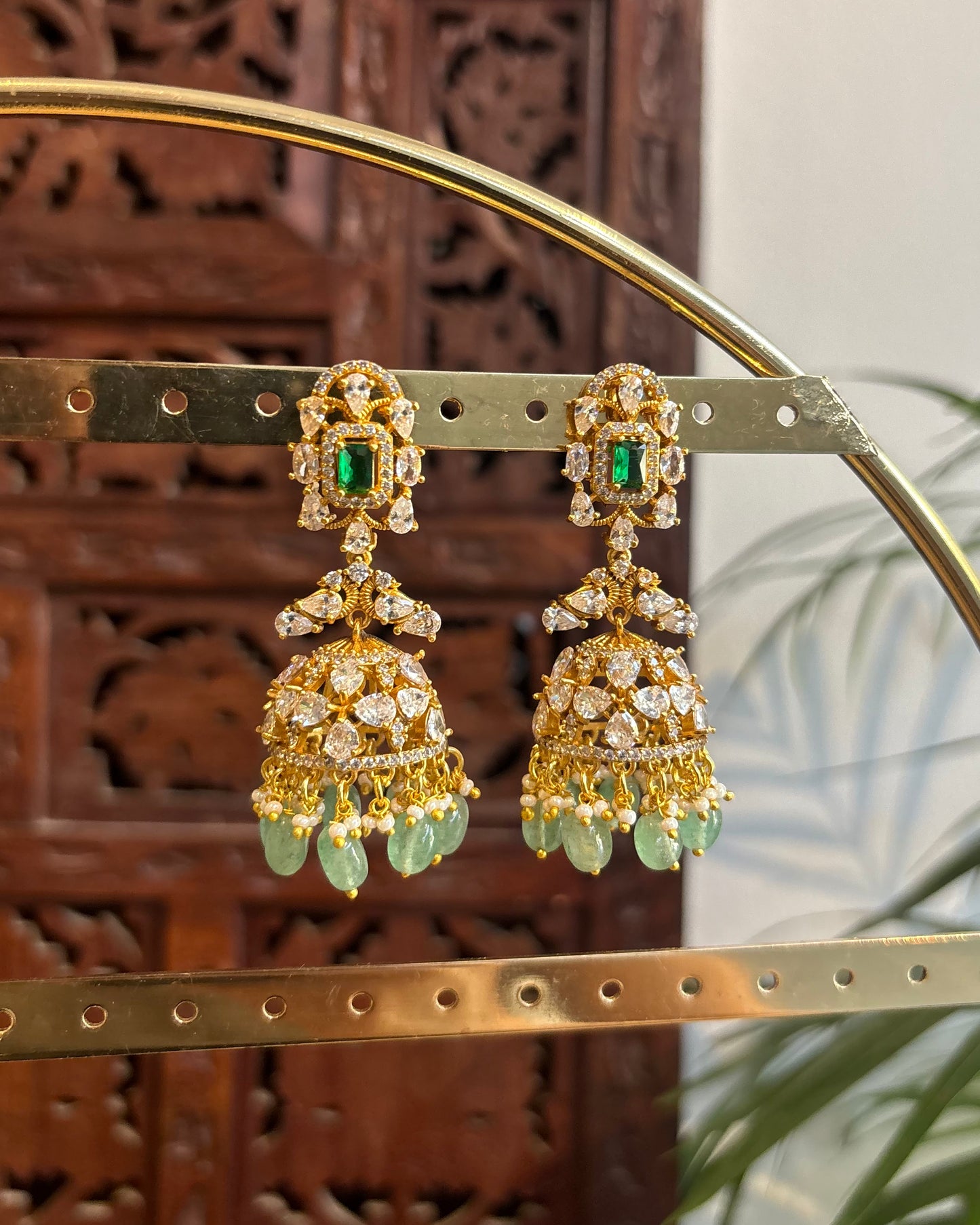 Green & White Moissanite Floral Long Statement Jhumkas | ER247