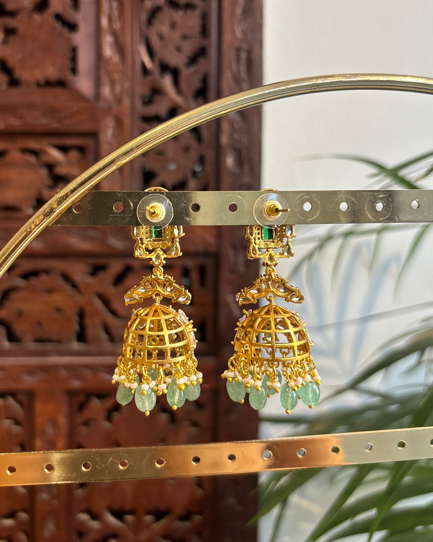 Green & White Moissanite Floral Long Statement Jhumkas | ER247