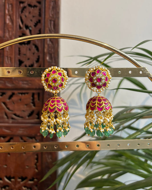 Multicolor Floral Jadau Kundan Jhumkas with Pearl Hangings | ER249