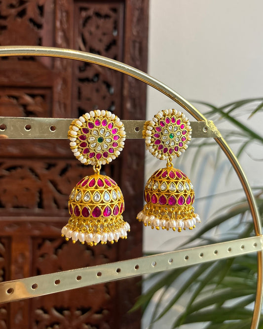 Multicolor Floral Jadau Kundan Jhumkas with Pearl Hangings | ER250