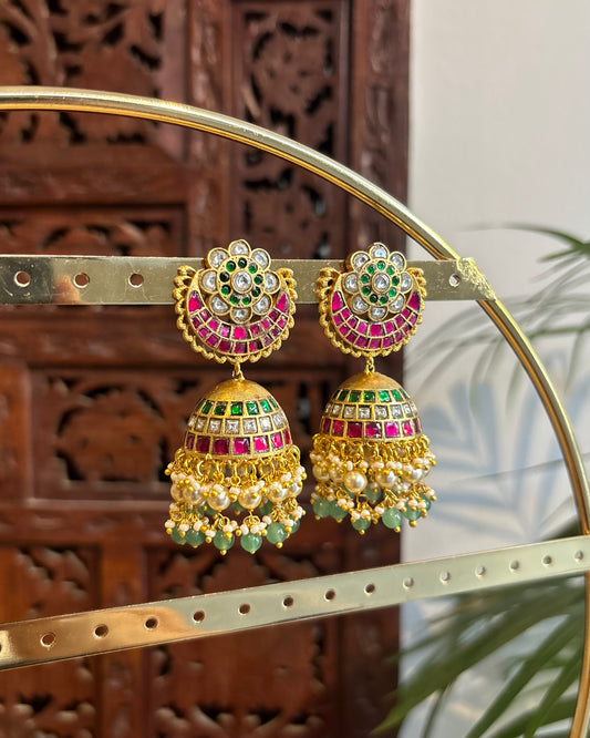 Multicolor Floral Jadau Kundan Jhumkas with Pearl Hangings | ER252