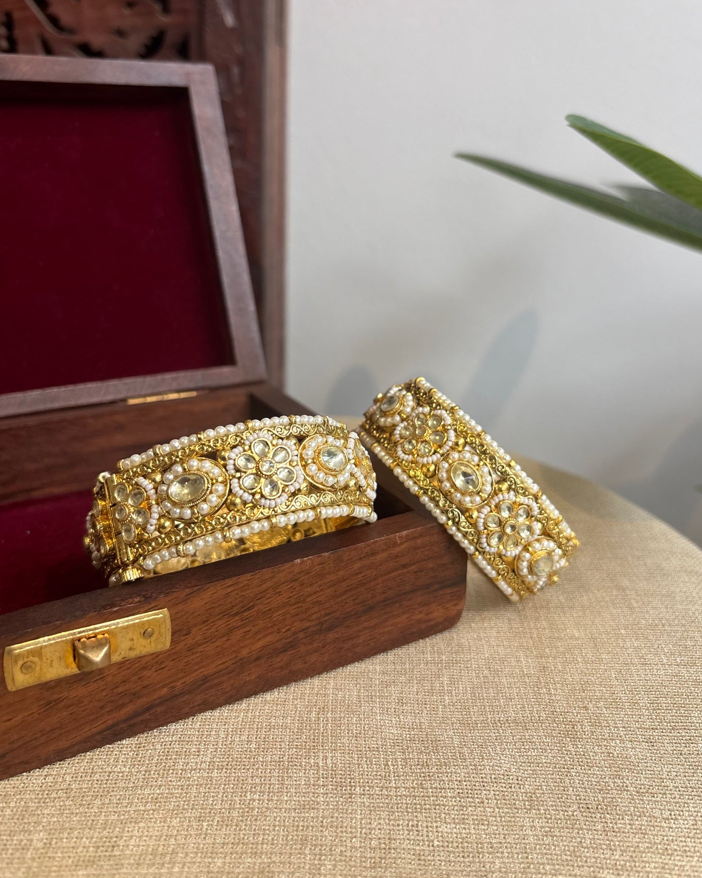 Jadau Kundan Gold Plated Bangles — White with Pearl Detailing | BA070