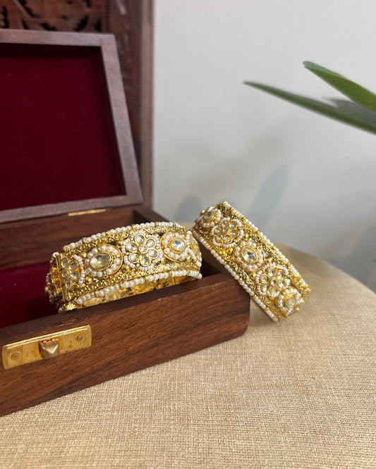 Jadau Kundan Gold Plated Bangles — White with Pearl Detailing | BA070