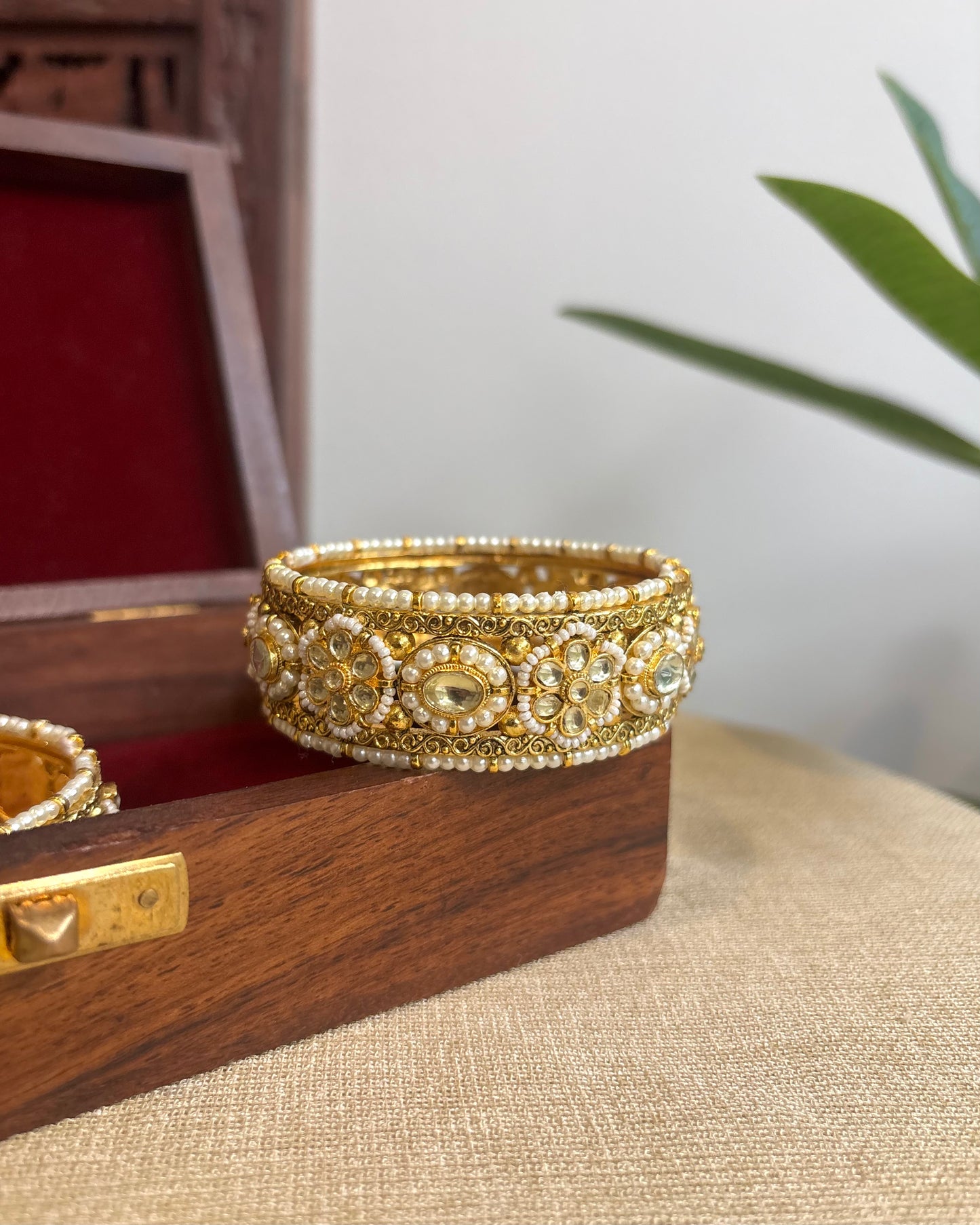 Jadau Kundan Gold Plated Bangles — White with Pearl Detailing | BA070
