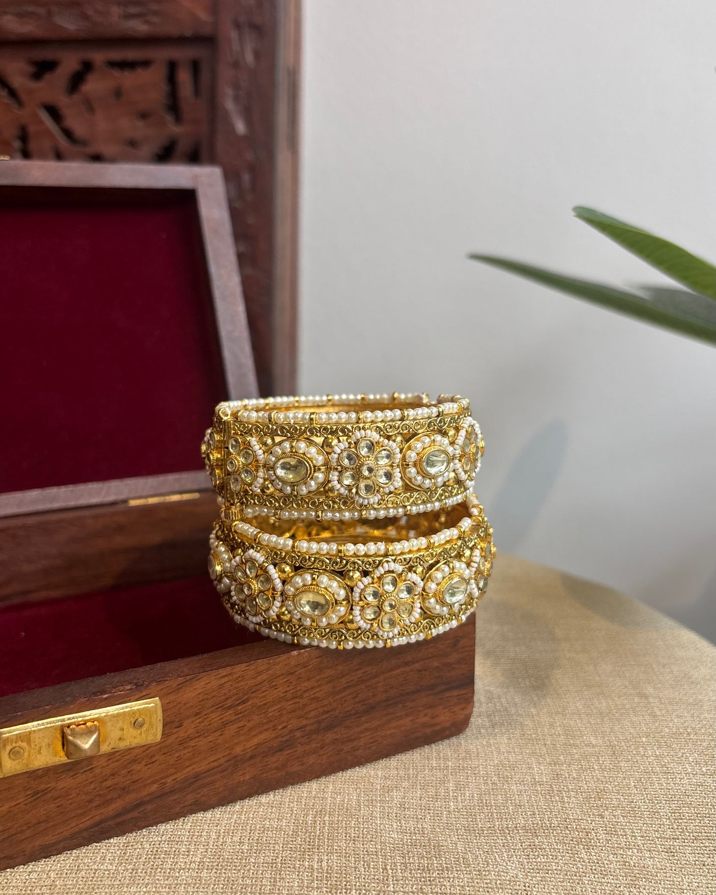 Jadau Kundan Gold Plated Bangles — White with Pearl Detailing | BA070
