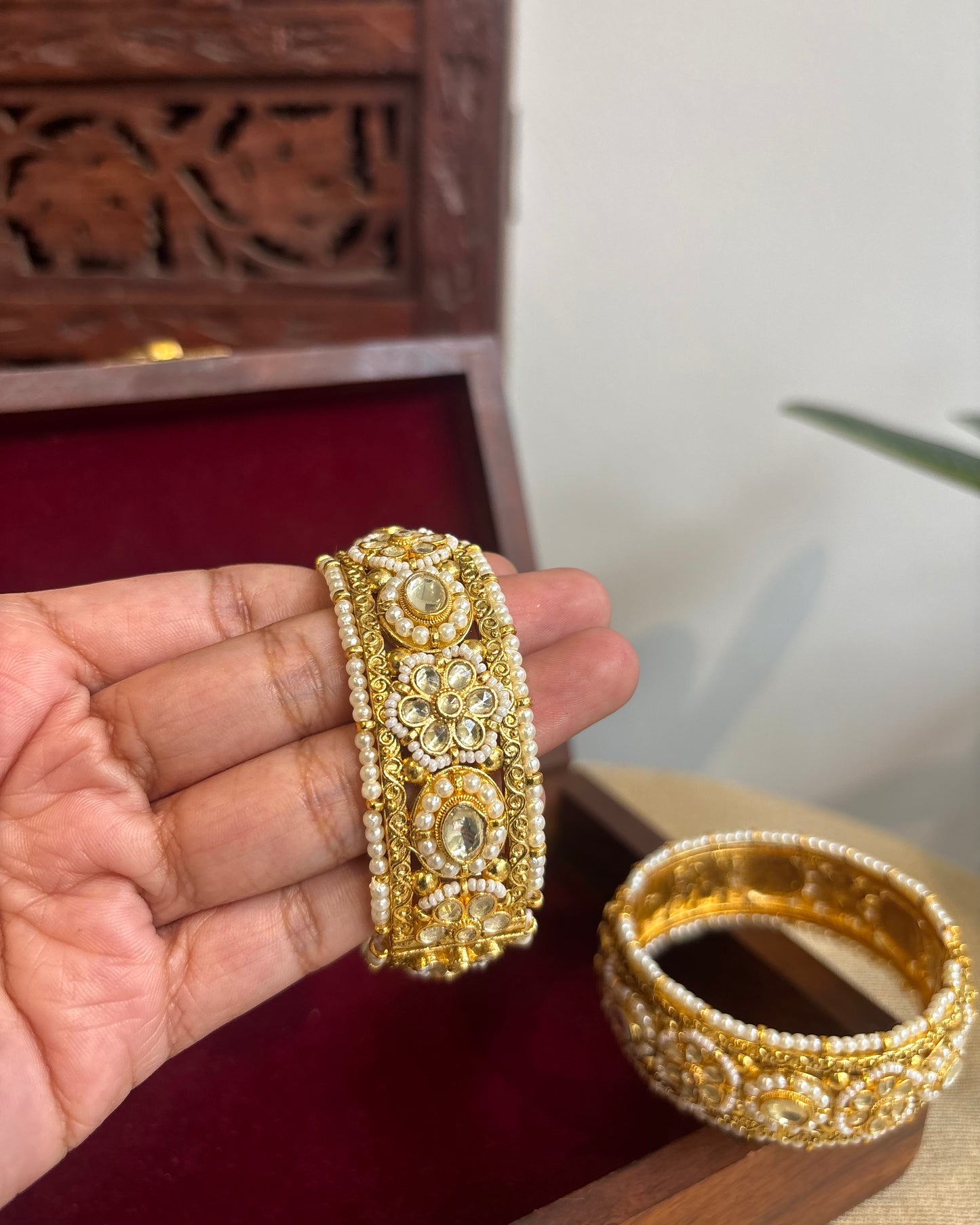 Jadau Kundan Gold Plated Bangles — White with Pearl Detailing | BA070