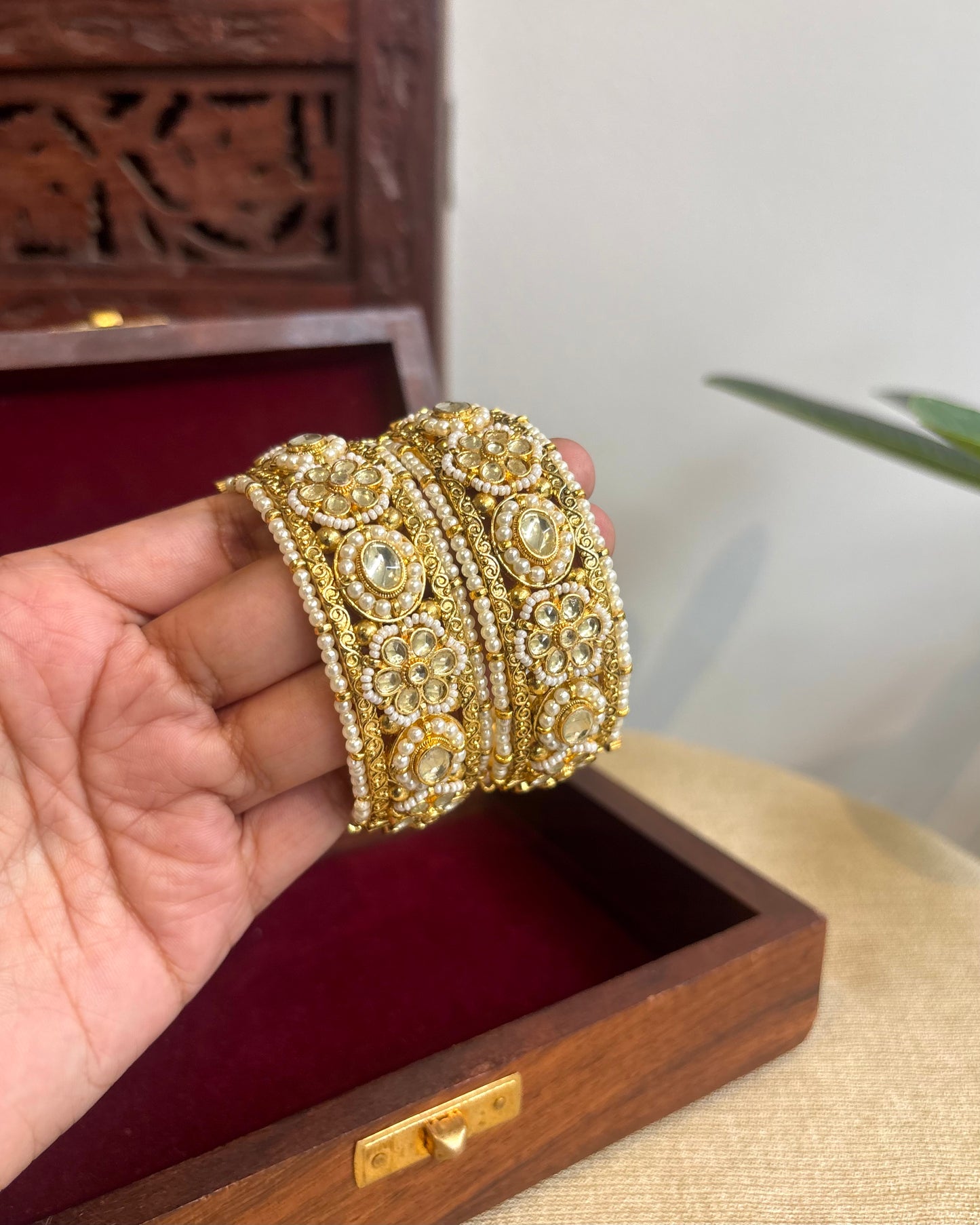 Jadau Kundan Gold Plated Bangles — White with Pearl Detailing | BA070