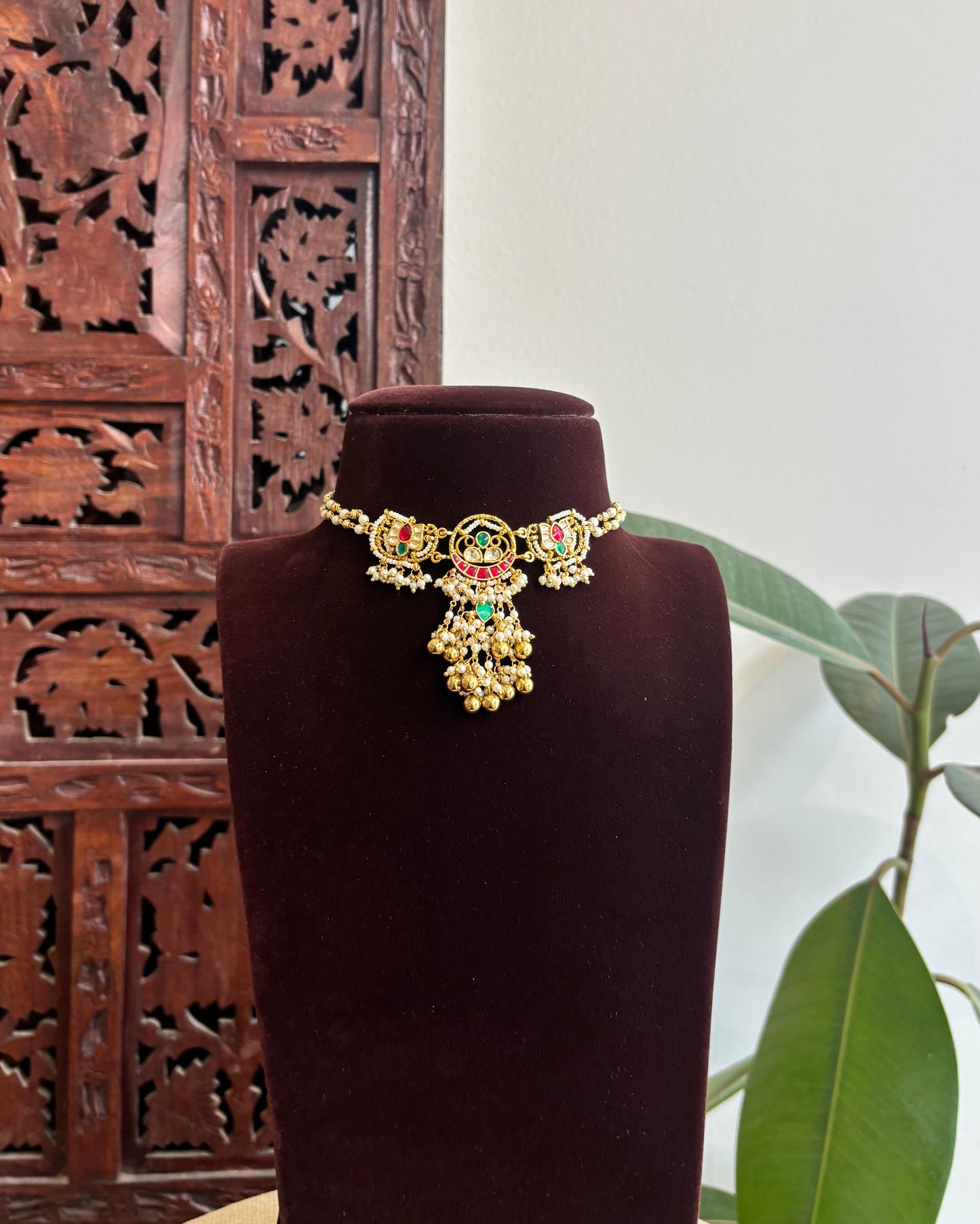 Multicolor Floral Lotus Choker Set – Ruby, Green & White with Pearl Chains | NC326