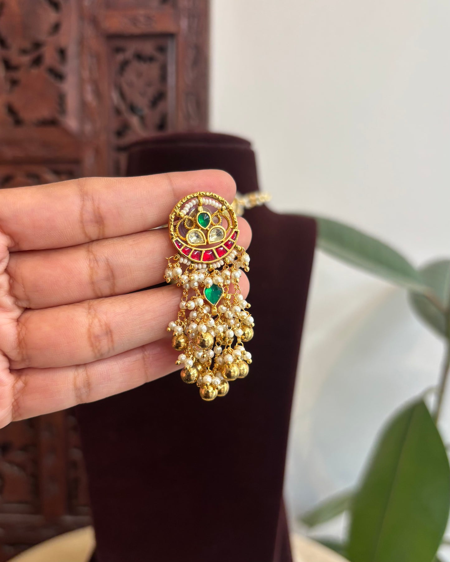 Multicolor Floral Lotus Choker Set – Ruby, Green & White with Pearl Chains | NC326