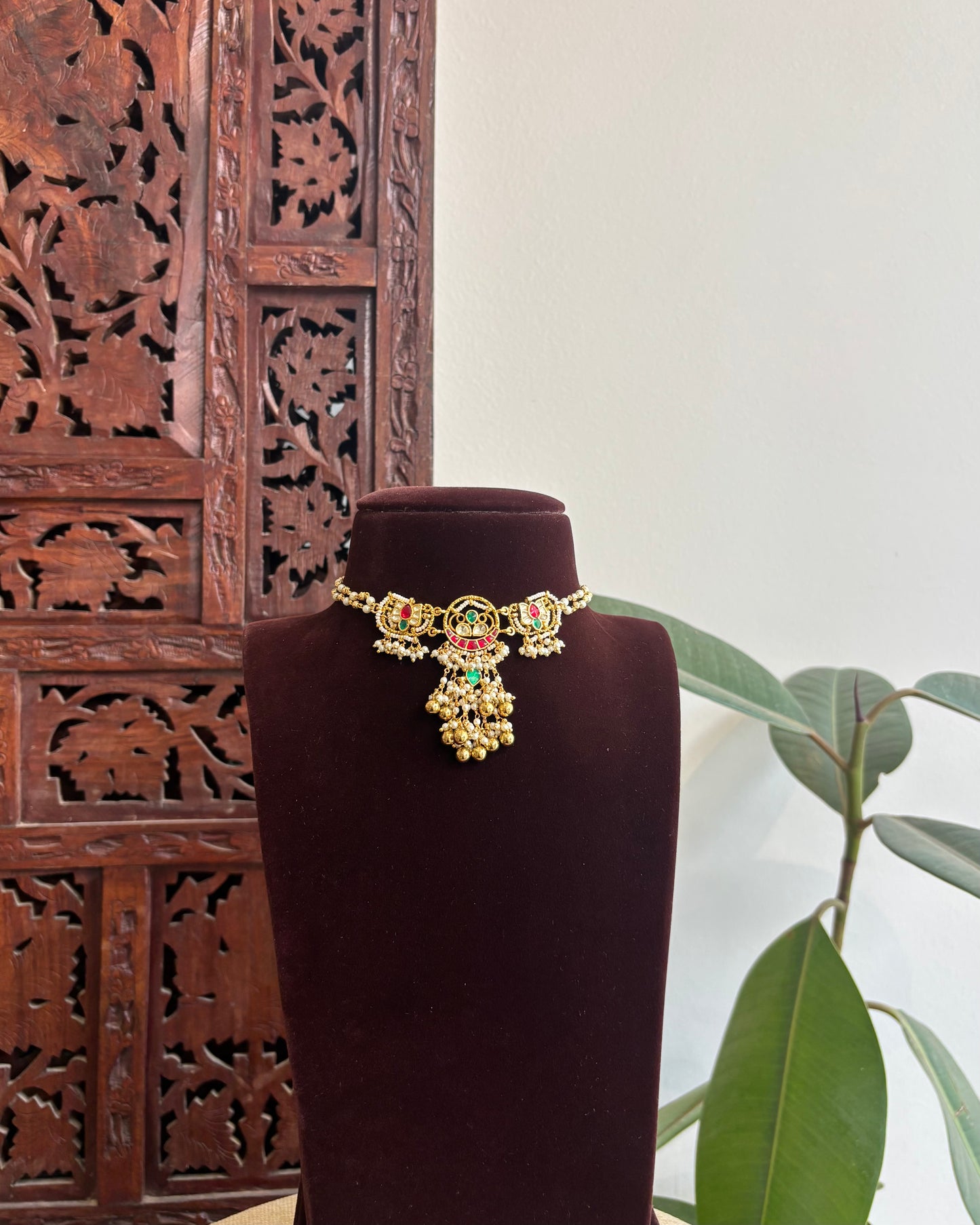 Multicolor Floral Lotus Choker Set – Ruby, Green & White with Pearl Chains | NC326