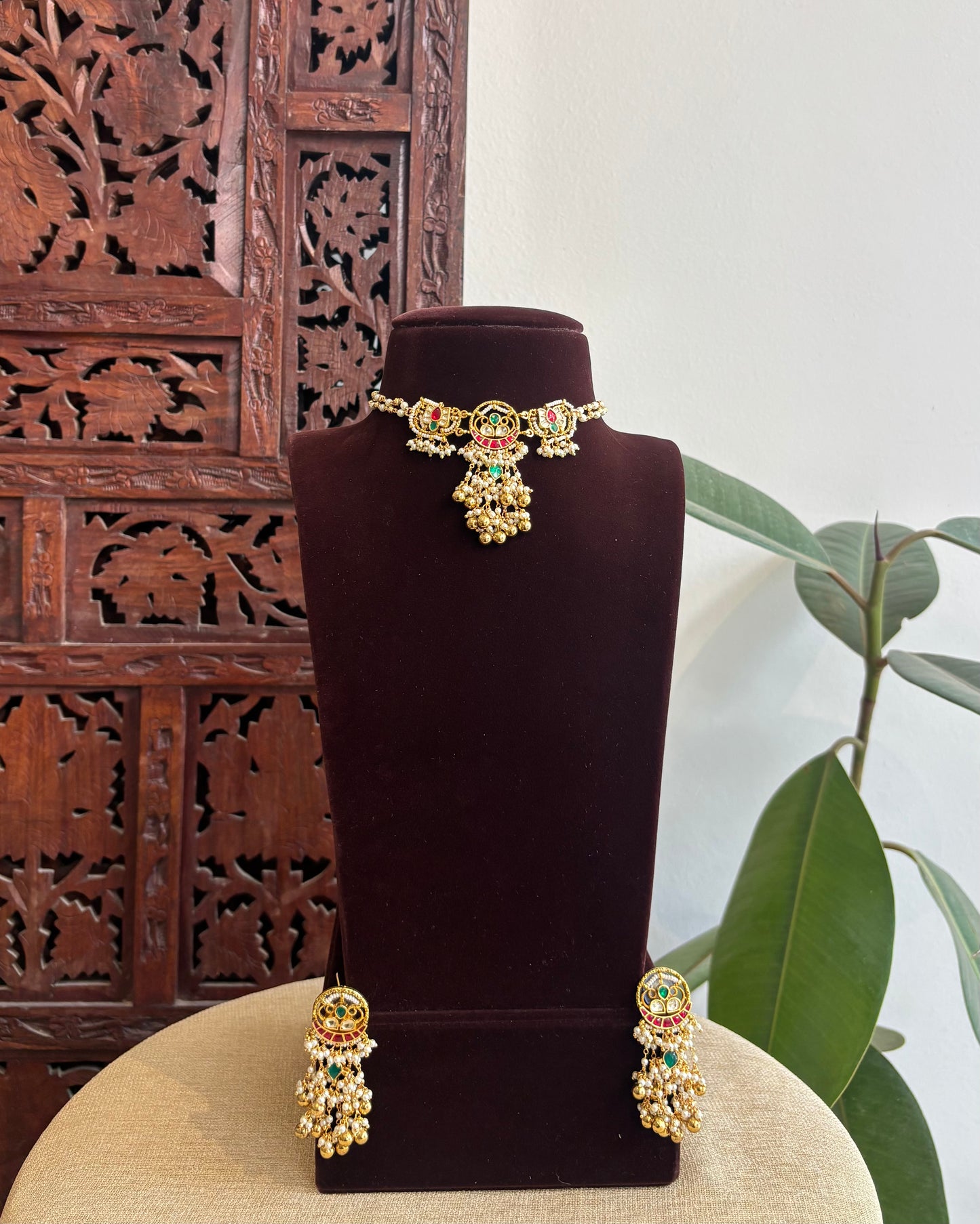 Multicolor Floral Lotus Choker Set – Ruby, Green & White with Pearl Chains | NC326
