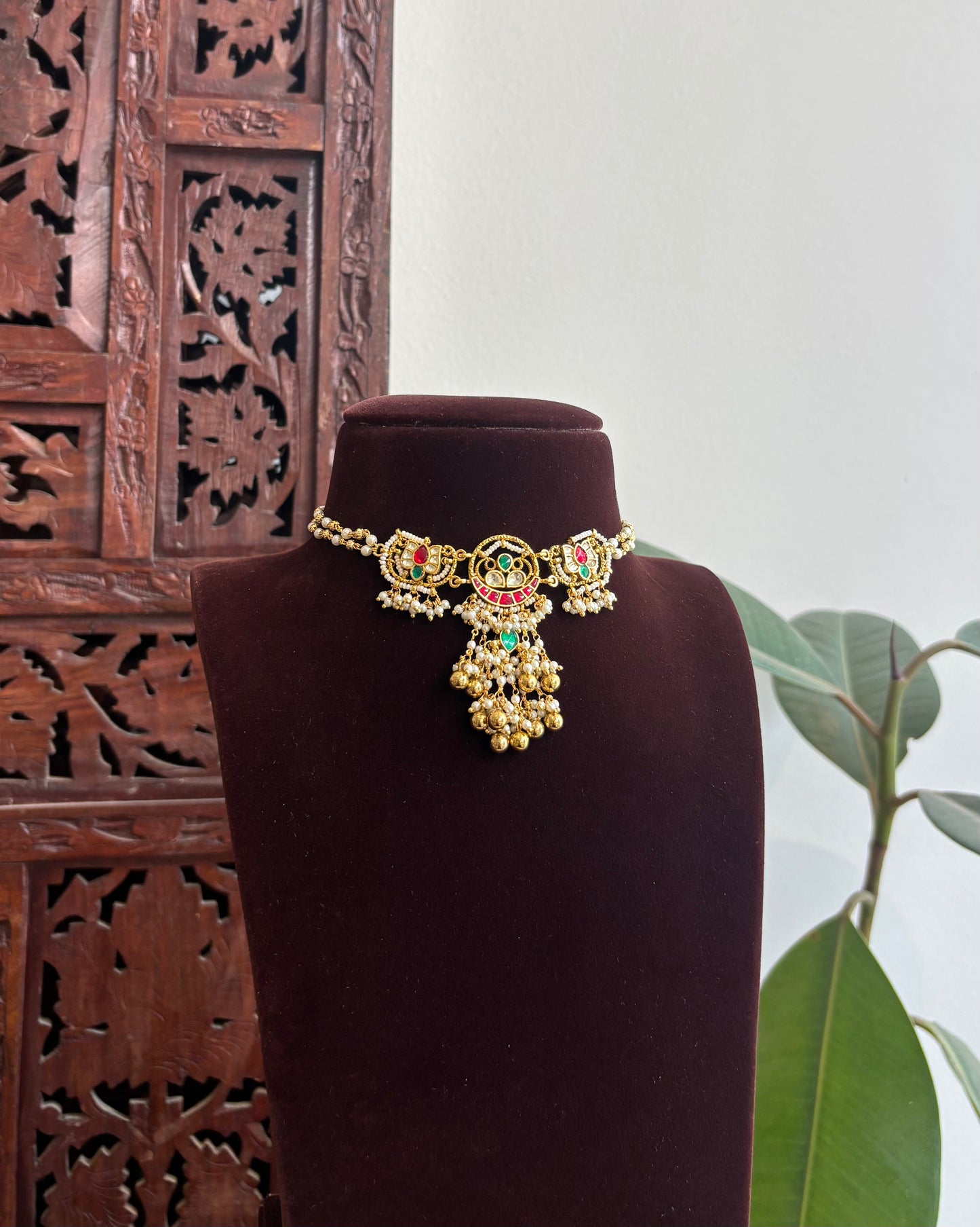 Multicolor Floral Lotus Choker Set – Ruby, Green & White with Pearl Chains | NC326