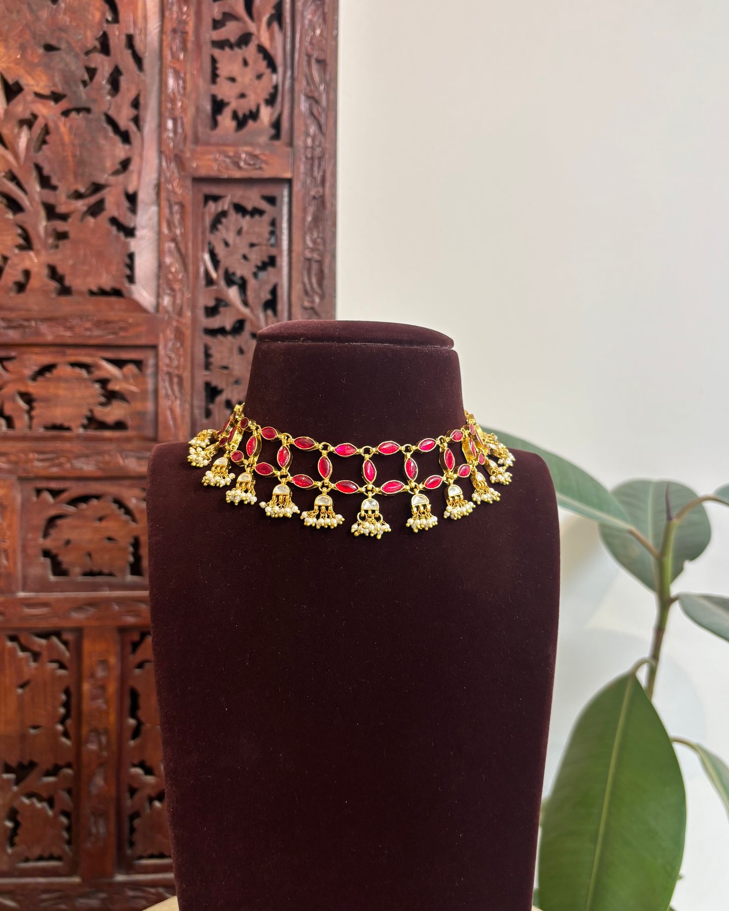 Ruby Two-Layer Intricate Choker Necklace – Classic Ruby & White Set | NC325