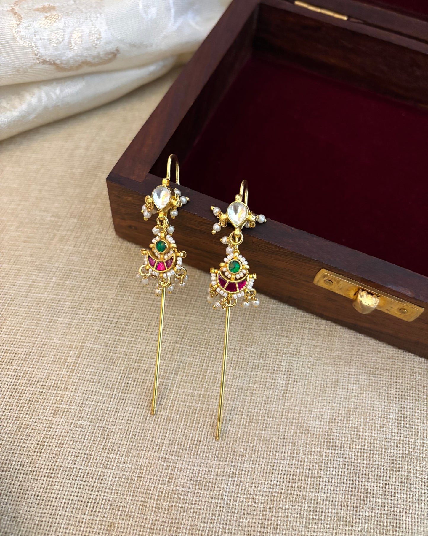 Handmade Jadau Kundan Flower Needle Ear Cuffs | ER127