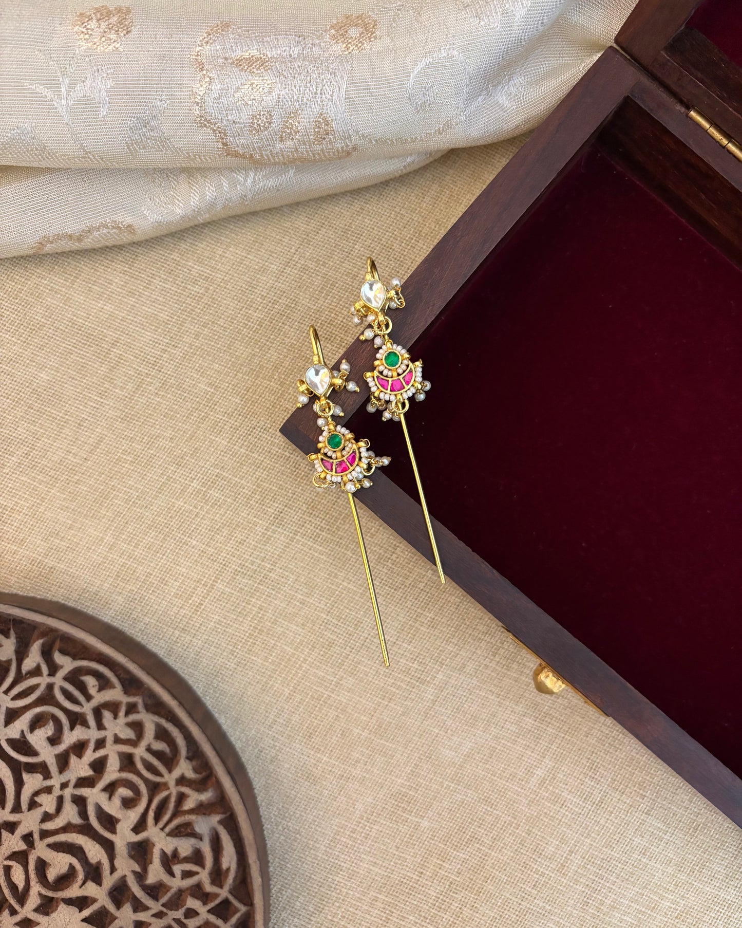 Handmade Jadau Kundan Flower Needle Ear Cuffs | ER127