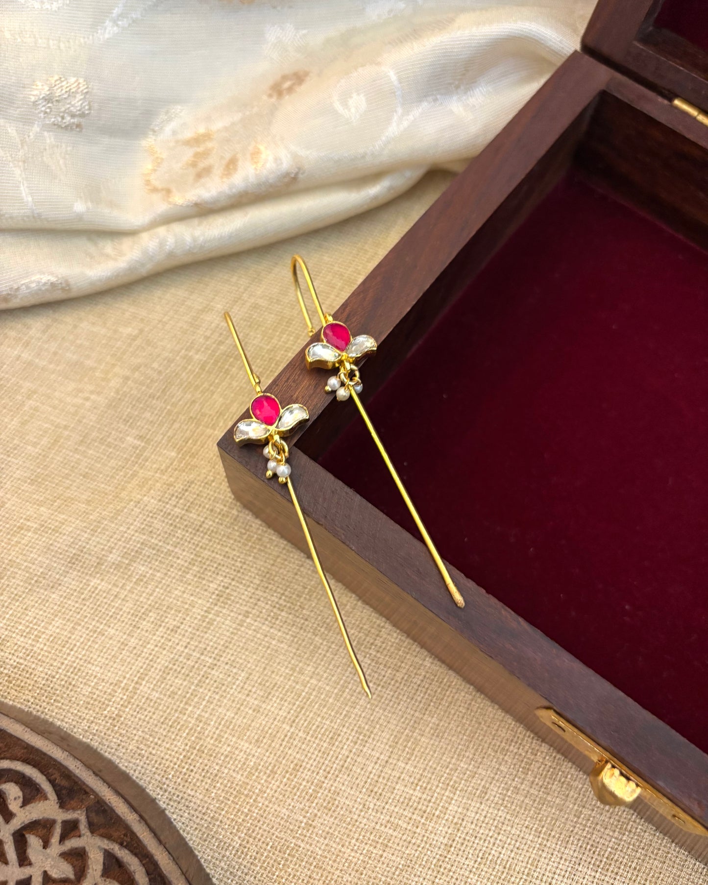 Handmade Minimal Jadau Kundan Flower Needle Ear Cuffs | ER128