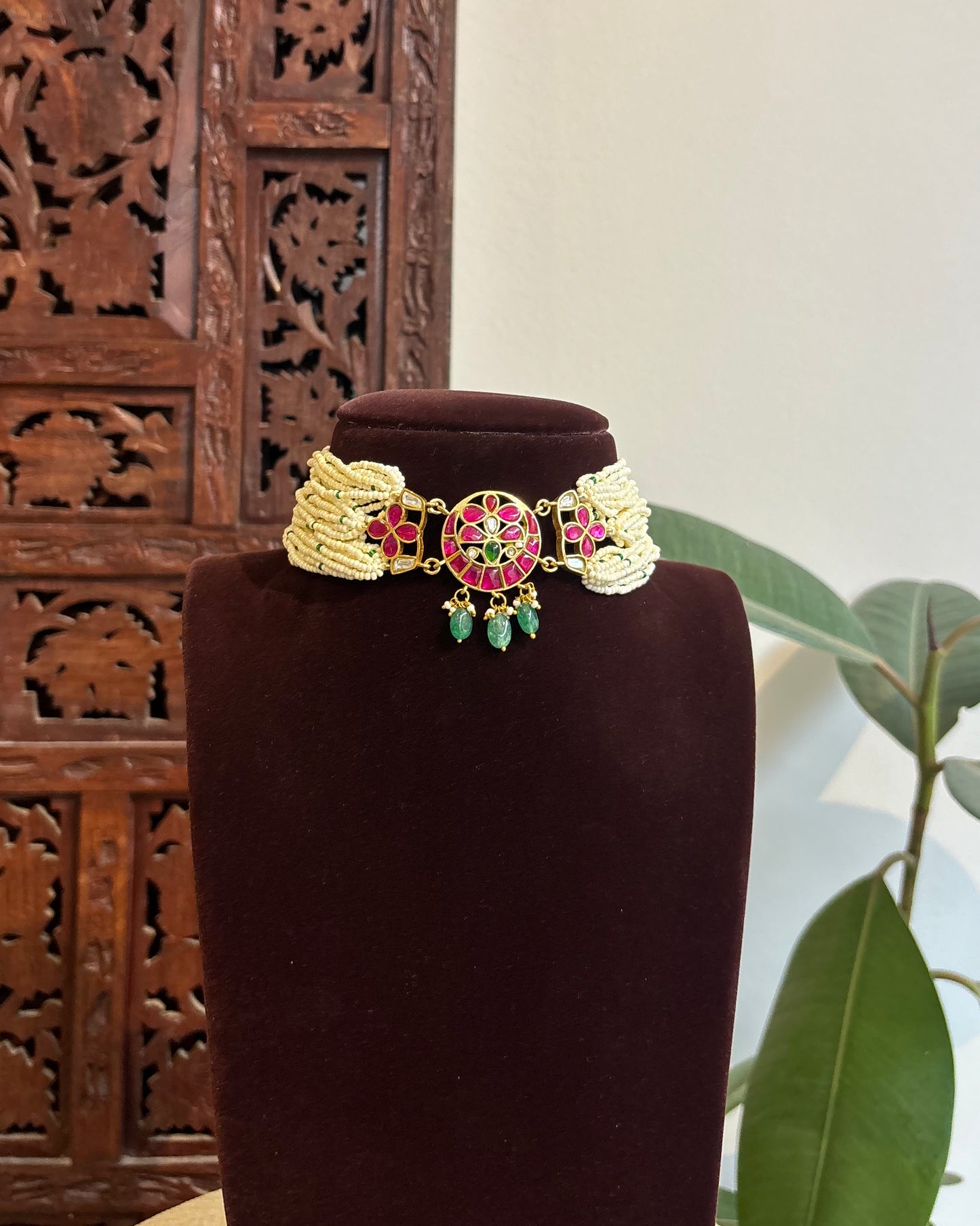 Floral Pearl Jadau Kundan Choker – Heritage Statement Jewellery| NC436