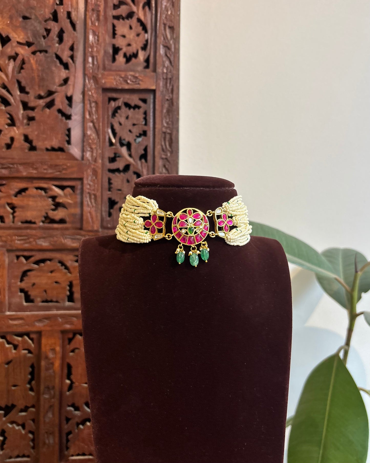 Floral Pearl Jadau Kundan Choker – Heritage Statement Jewellery| NC436