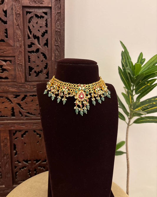 Multi Colour Jadau Kundan Statement Choker Necklace with Floral Center Pendant With Earrings  | NC662