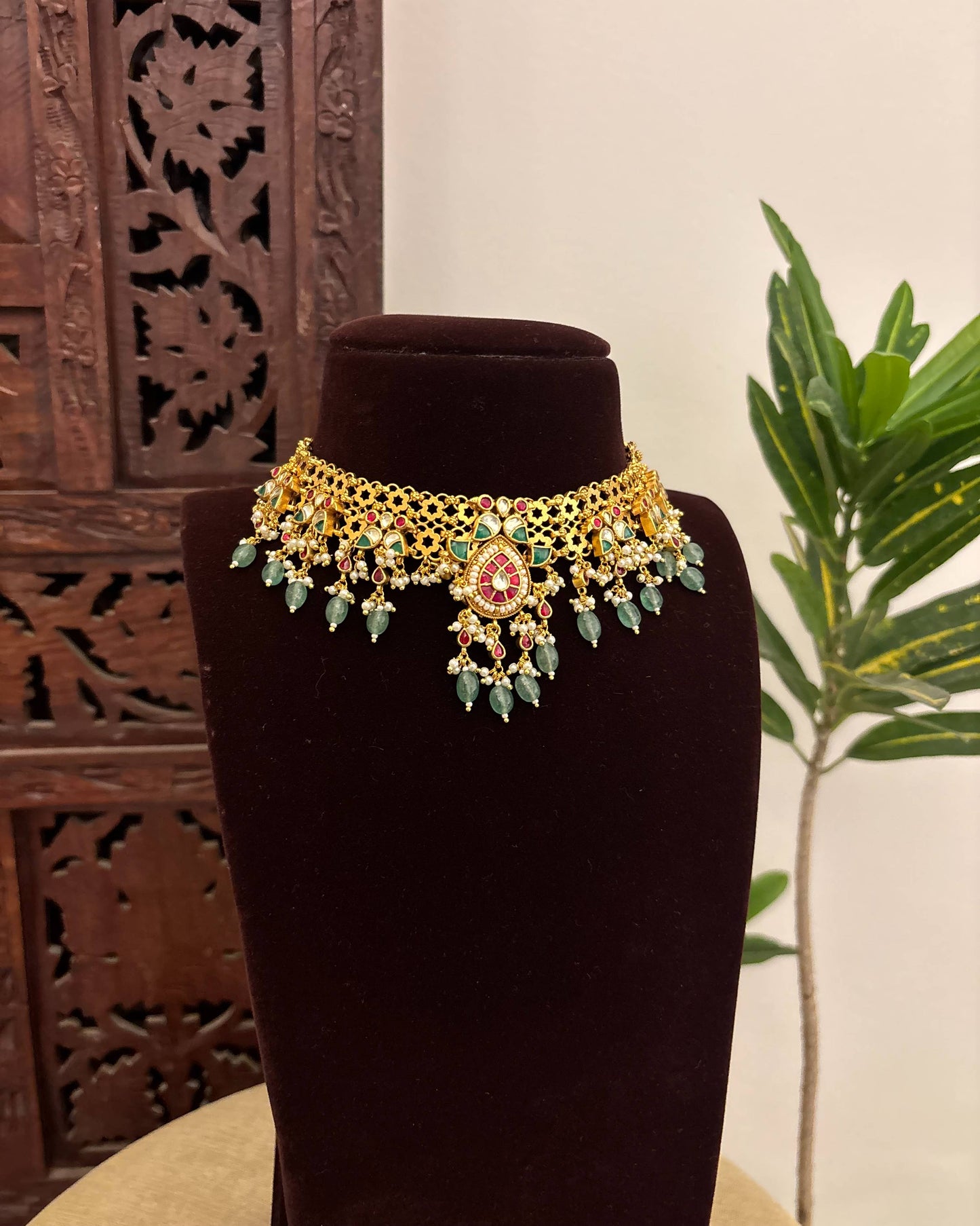 Multi Colour Jadau Kundan Statement Choker Necklace with Floral Center Pendant With Earrings  | NC662