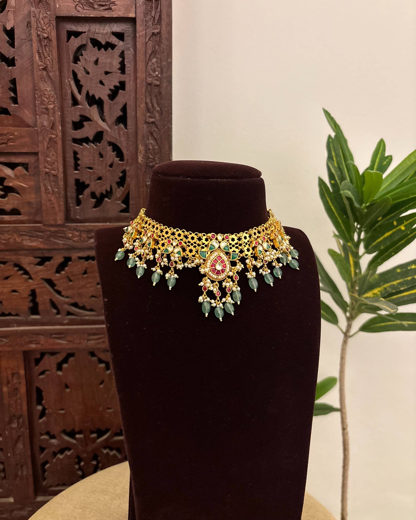 Multi Colour Jadau Kundan Statement Choker Necklace with Floral Center Pendant With Earrings  | NC662