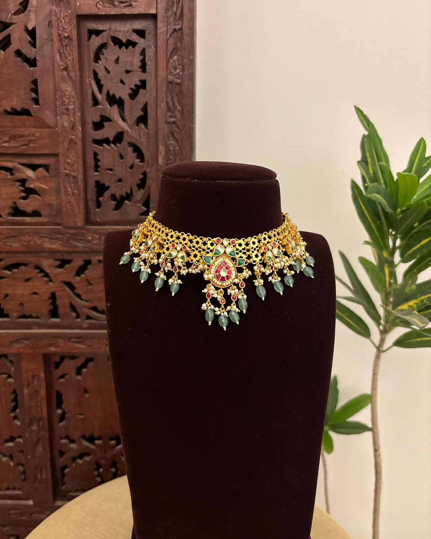 Multi Colour Jadau Kundan Statement Choker Necklace with Floral Center Pendant With Earrings  | NC662